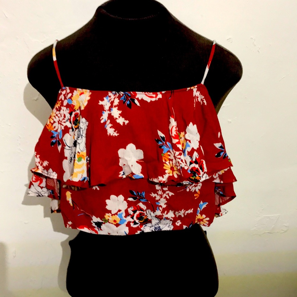 BONGO Red Floral Ruffle Crop Cami